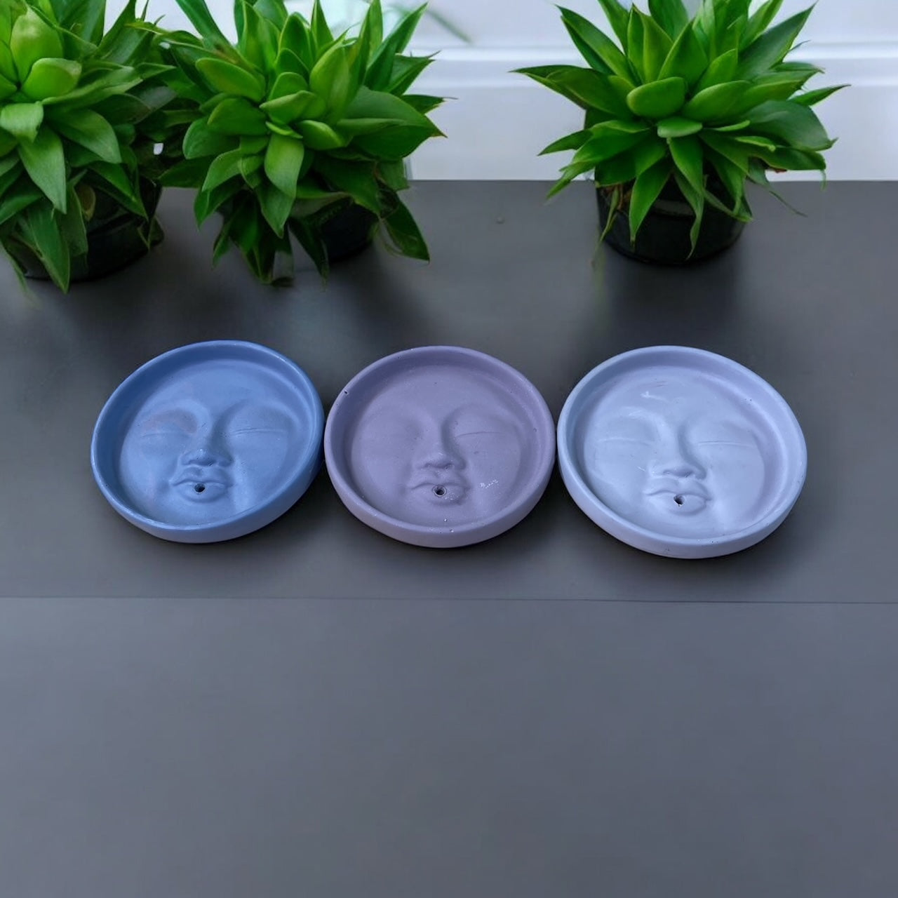 Set of 3 Lilac Serene Face Incense Holder Dishes – Handmade Jesmonite